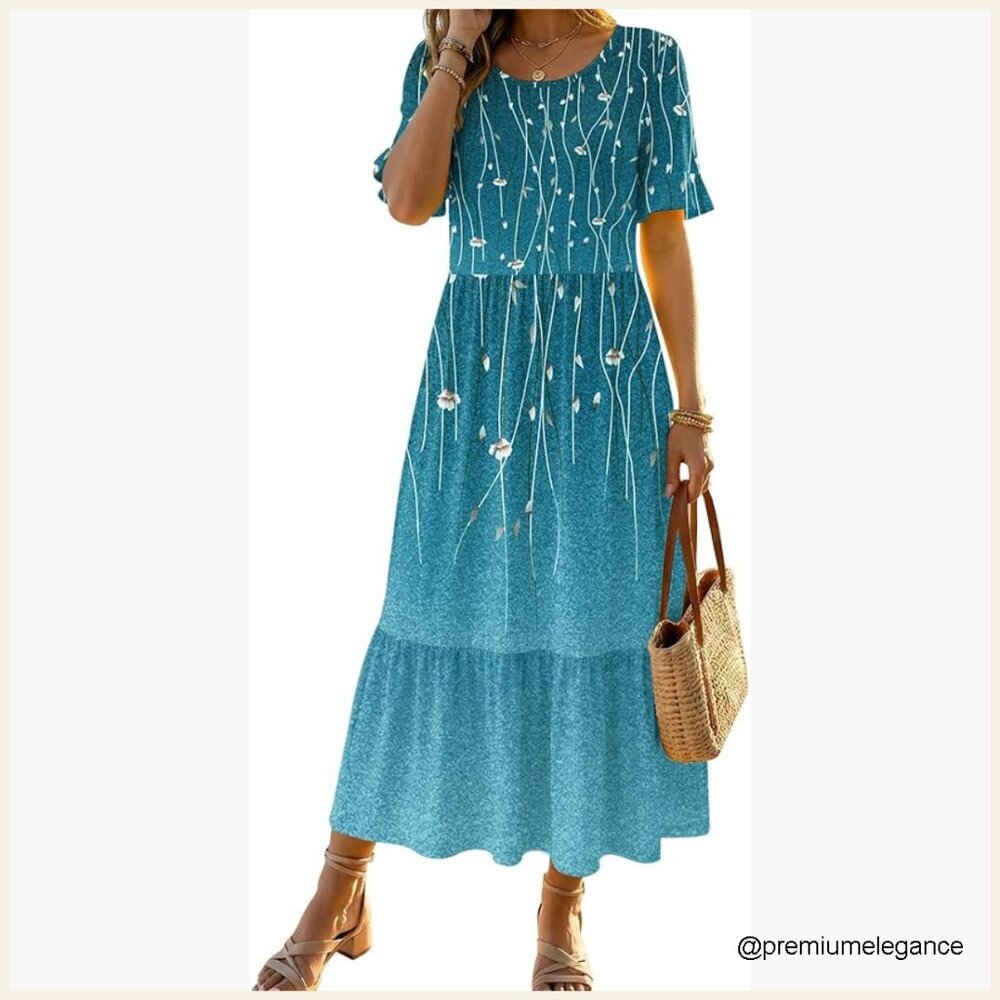 Midi Summer Dress Casual Boho Flowy Tiered Ruffle Sleeves Pockets